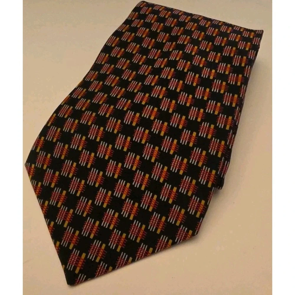 STRUCTURE Mens Black/Red Silk Geometric Print Neck Tie Made in USA